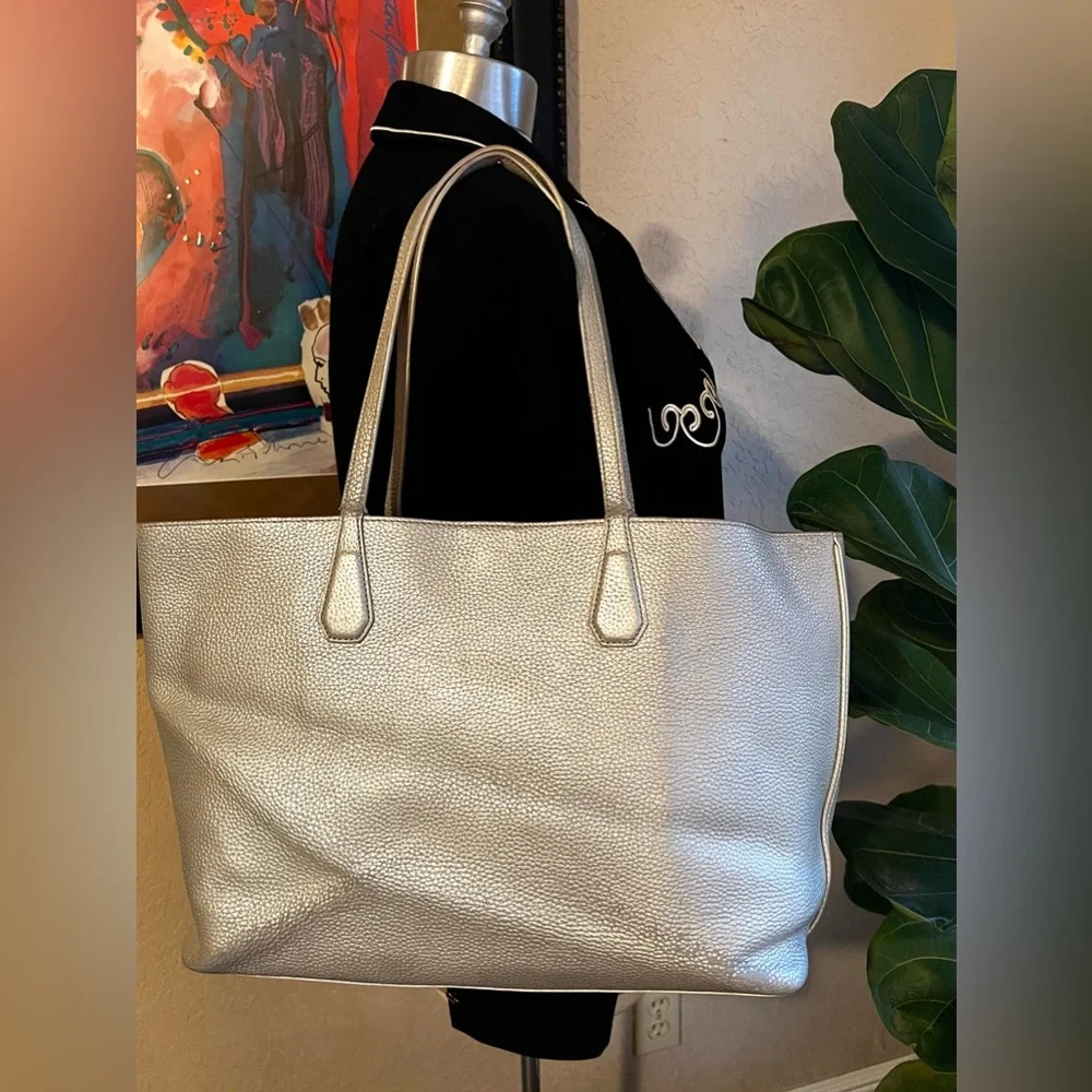 Tory Burch Perry Metallic Gray Leather Large Silver Tote Bag
